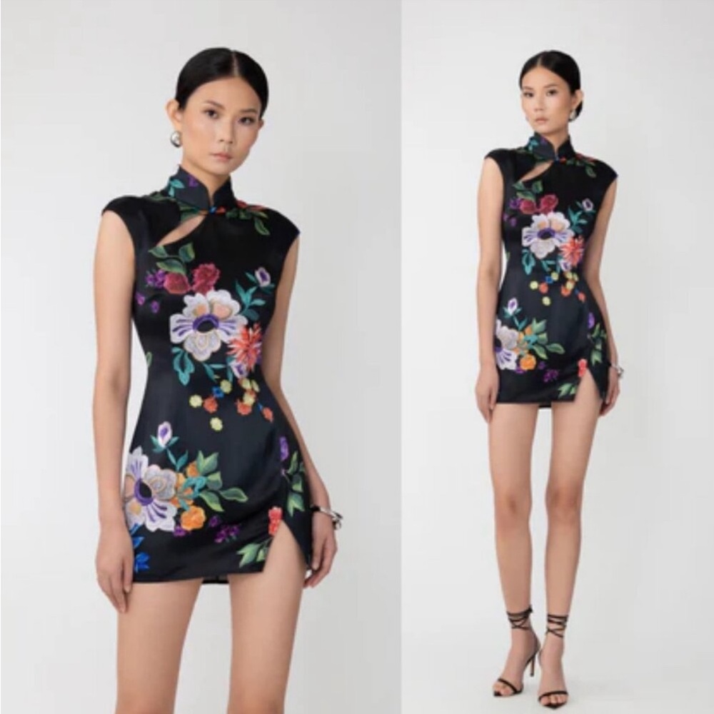 Sau Lee Devon Cheongsam Floral Satin Mini Dress in Black Multi 6